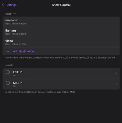 The Show Control screen showing destinations (Outputs) and remote inputs.