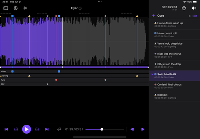 The CueStack editor with a track loaded: waveform in the center, cue list on the right.
