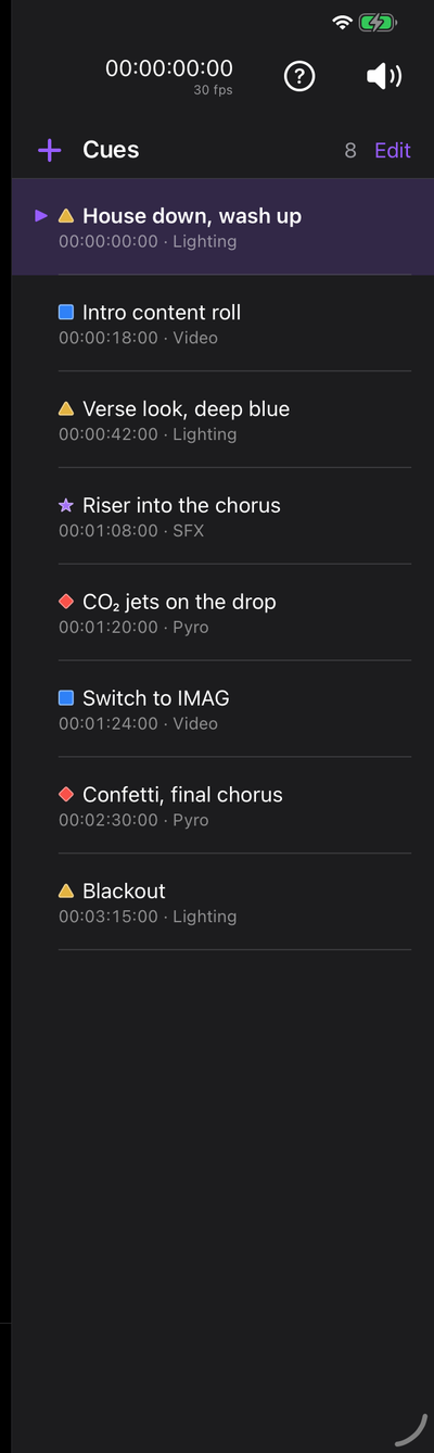 The cue list showing cue names, times, and their assigned types.