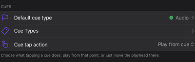 The Cue tap action setting, under Cues in Settings.
