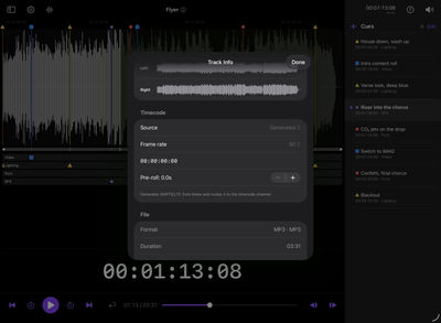 The Track Info sheet with timecode generation settings.