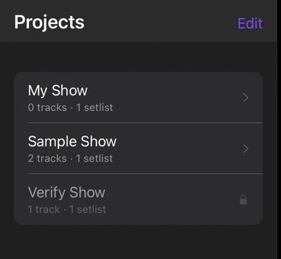 The Projects list.