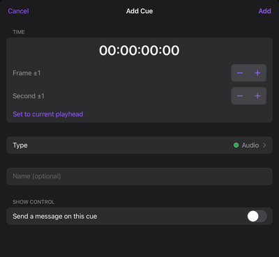 The Add Cue sheet, where you set the cue's time, type, and name.