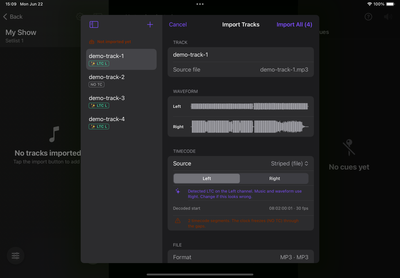 The Import Tracks sheet with staged files on the left and track details on the right.