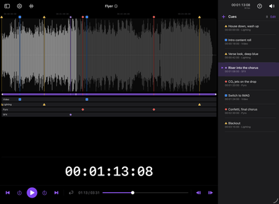 The CueStack editor on iPad: a waveform with typed cue markers, the cue list, and the large timecode readout.