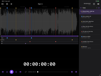 The editor with a track loaded and several cues marked on the waveform.