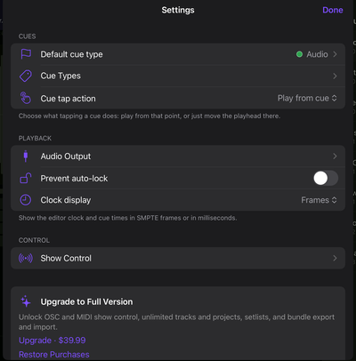 The CueStack Settings screen.