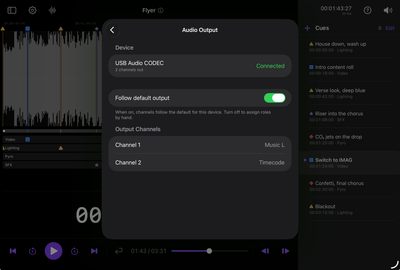 The Audio Output screen assigning channel roles for music and timecode.